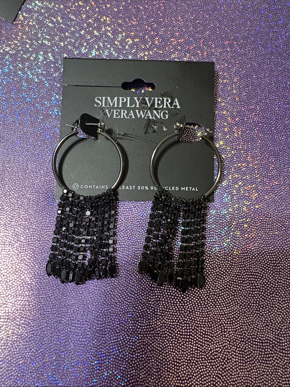 Simply Vera Vera Wang Black Crystal Fringe Hoop Earrings~NWT